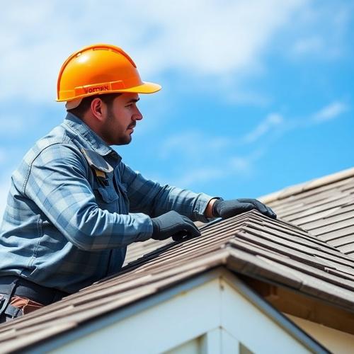 Roofer inspecting shingles on a sunny day