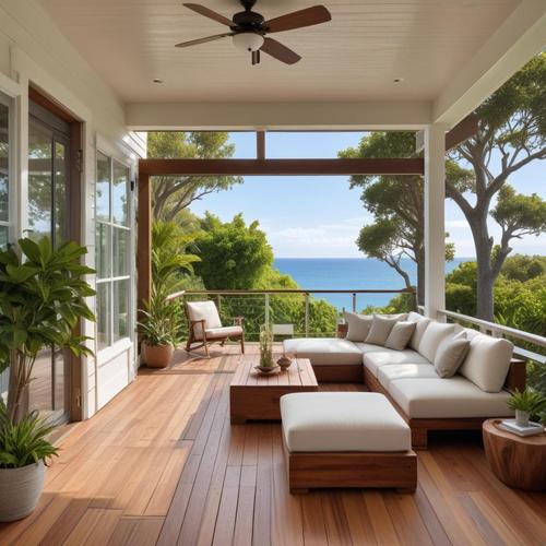 Modern wooden deck with ocean view and cozy seating