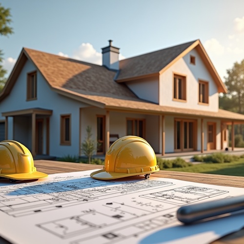 Construction helmets and plans in front of house