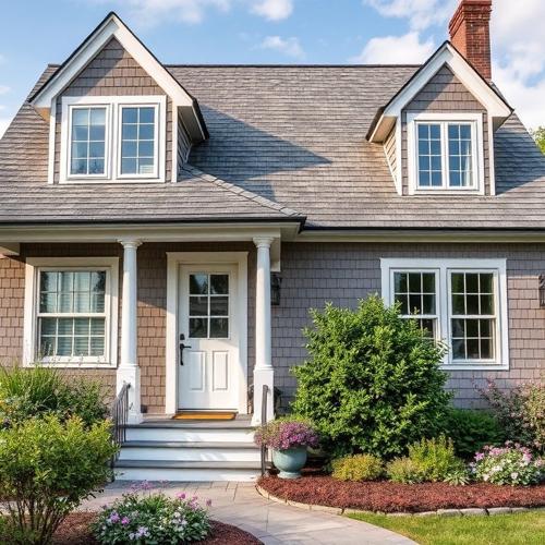 Small gray house with front garden walkway