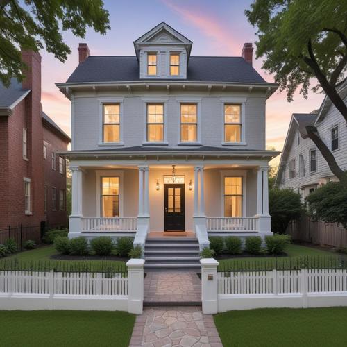 Restored historic home with elegant front porch at sunset