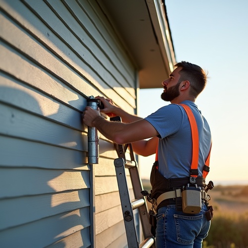 Contractor installing siding on house exterior