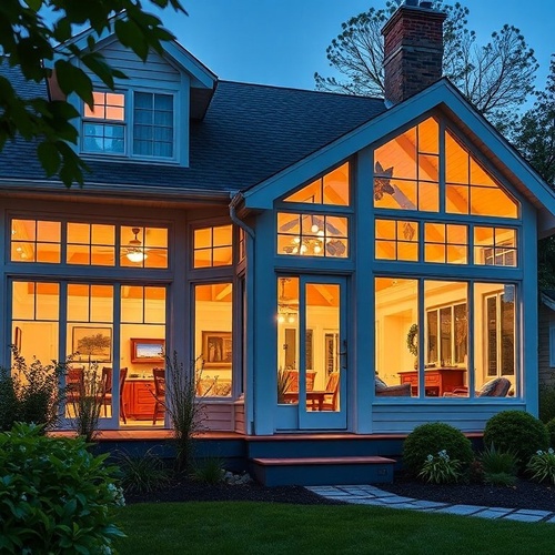 Warmly lit sunroom addition glowing at dusk