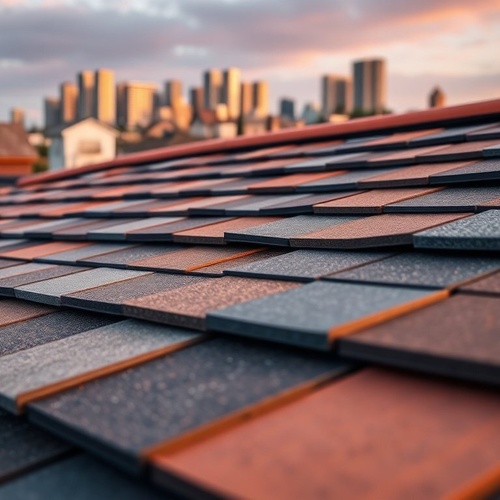 Textured asphalt shingles on roof at sunset