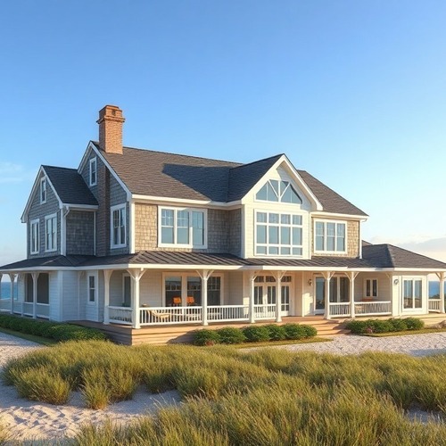 Large coastal home with wraparound porch near dunes