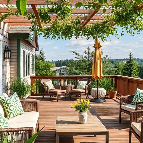 Sunlit backyard deck with patio furniture and green plants.