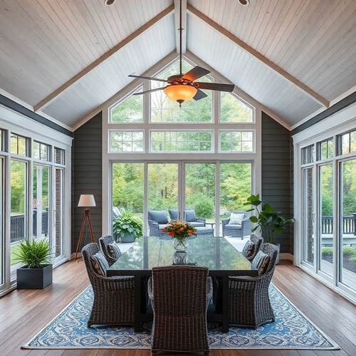 Spacious sunroom with tall windows and dining table