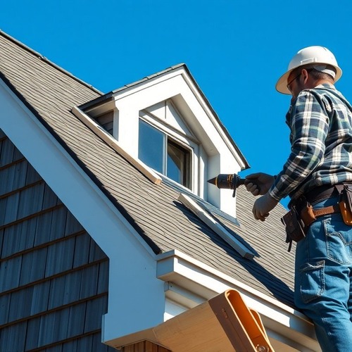 Roofer sealing a skylight on a sloped roof