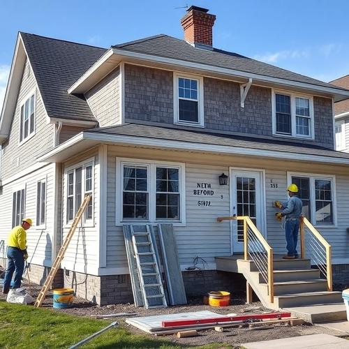 Construction workers building house addition.