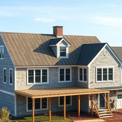 New coastal-style home under construction by the ocean.