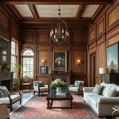 Elegant historic living room with wood paneling and chandelier