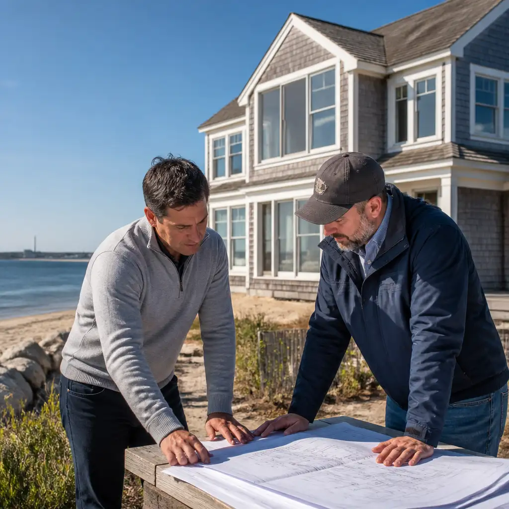 People inspect a plan of action to tear down and rebuild a Providence home