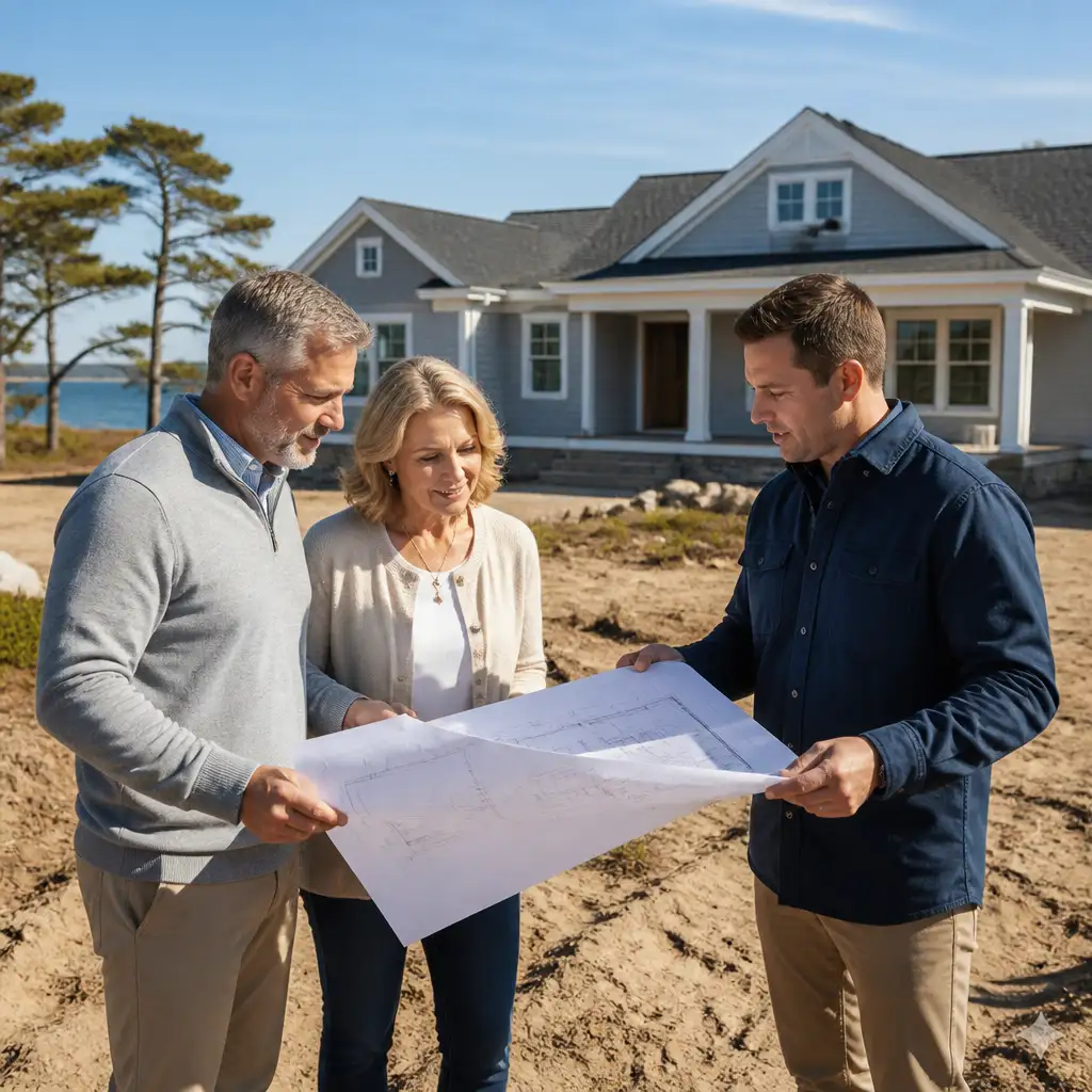 Older couple and man reviewing blueprints in front of house