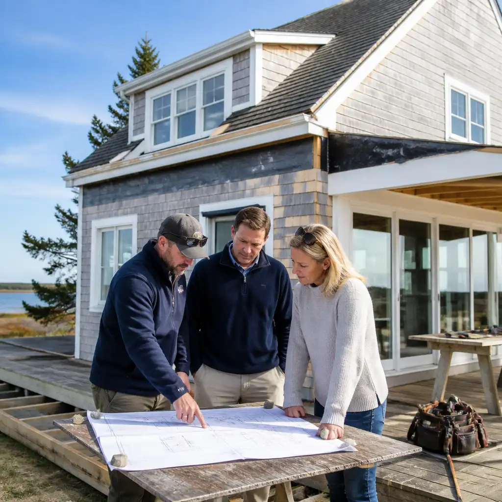 Three people examining blueprints on outdoor table by house
