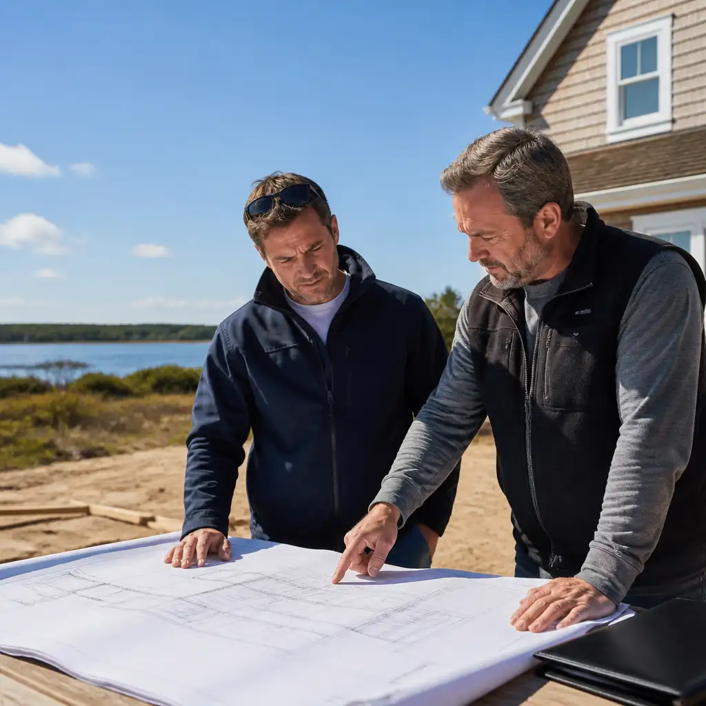 Two men reviewing blueprints outdoors near waterfront house
