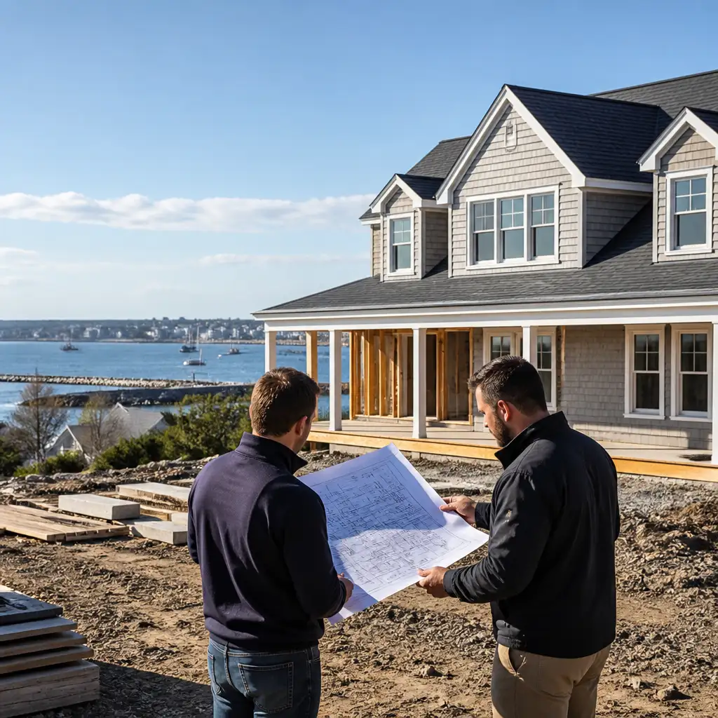 Two men reviewing blueprints beside partially built coastal house