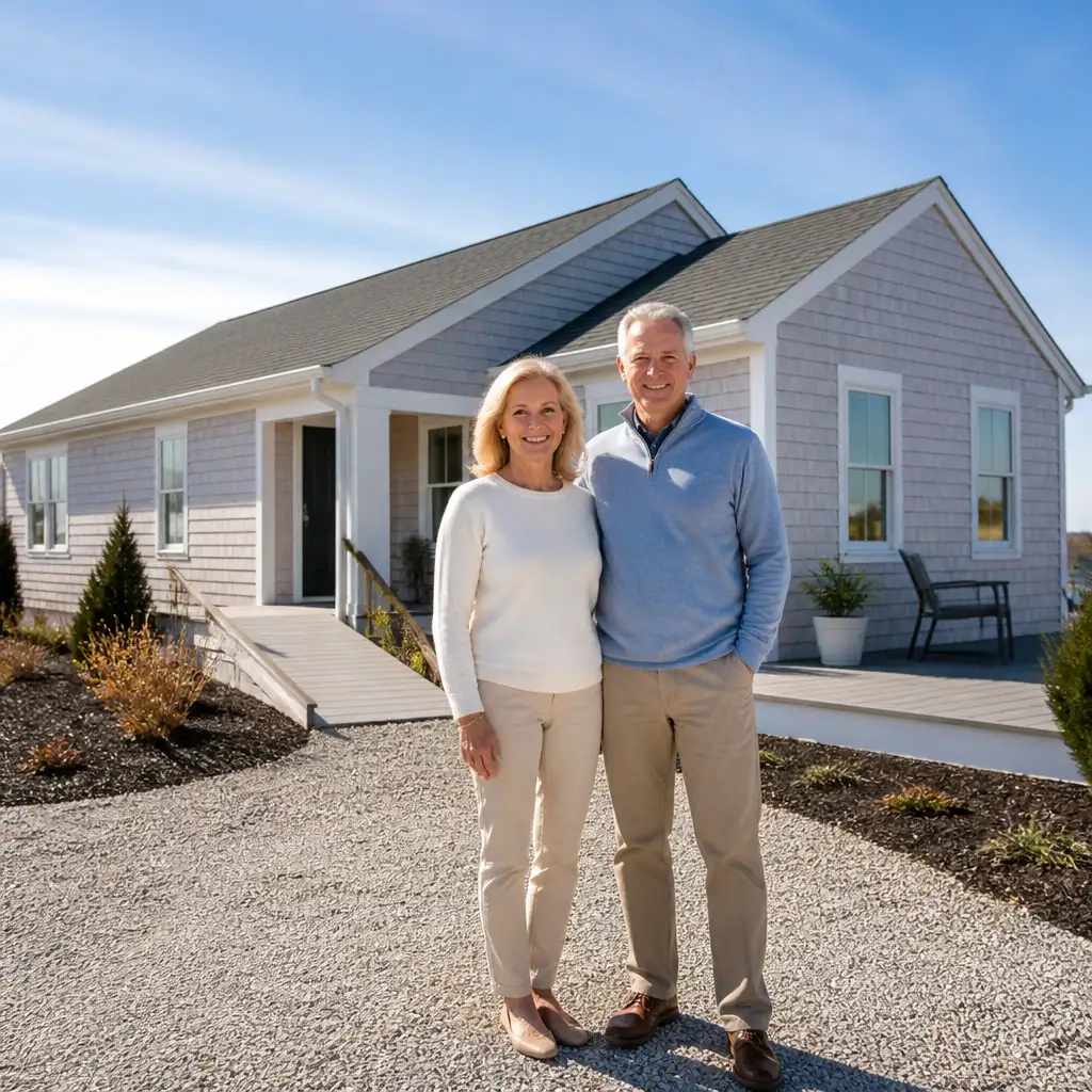 Smiling mature couple standing in front of single-story gray house