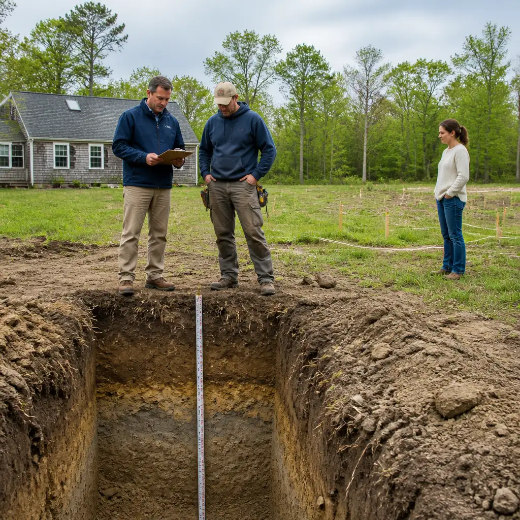 Three people inspecting deep soil pit near house