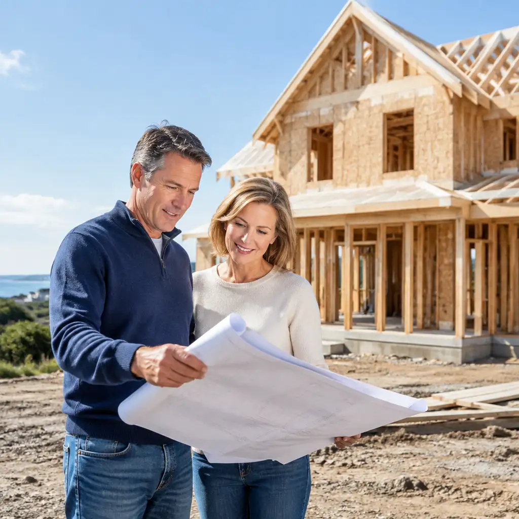 Couple reviewing blueprints by wooden house framing