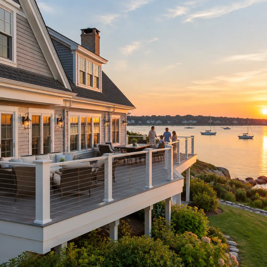House with wraparound deck, people, sailboats at sunset