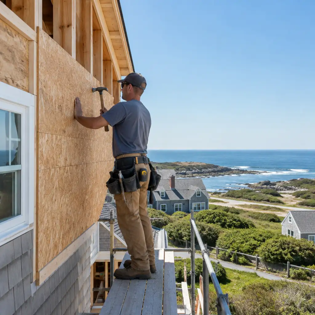 Carpenter nailing sheathing on second-story exterior wall