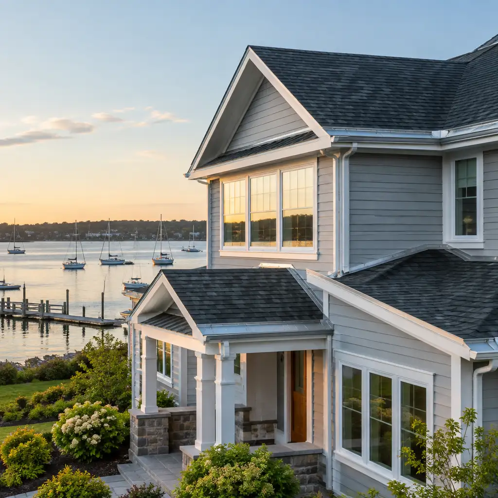 Gray coastal house with windows reflecting harbor and moored sailboats
