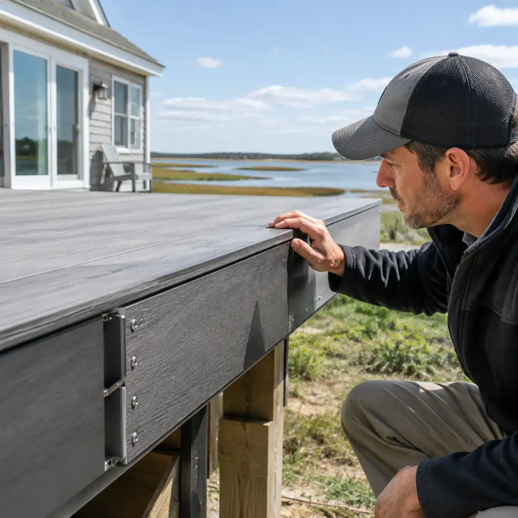 Man inspecting elevated deck fasteners with marsh in background