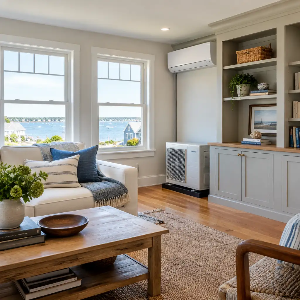 Bright living room with sofa, coffee table, windows, heat pump