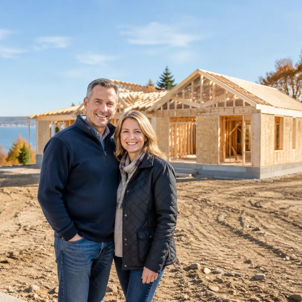 Smiling middle-aged couple in front of framed house
