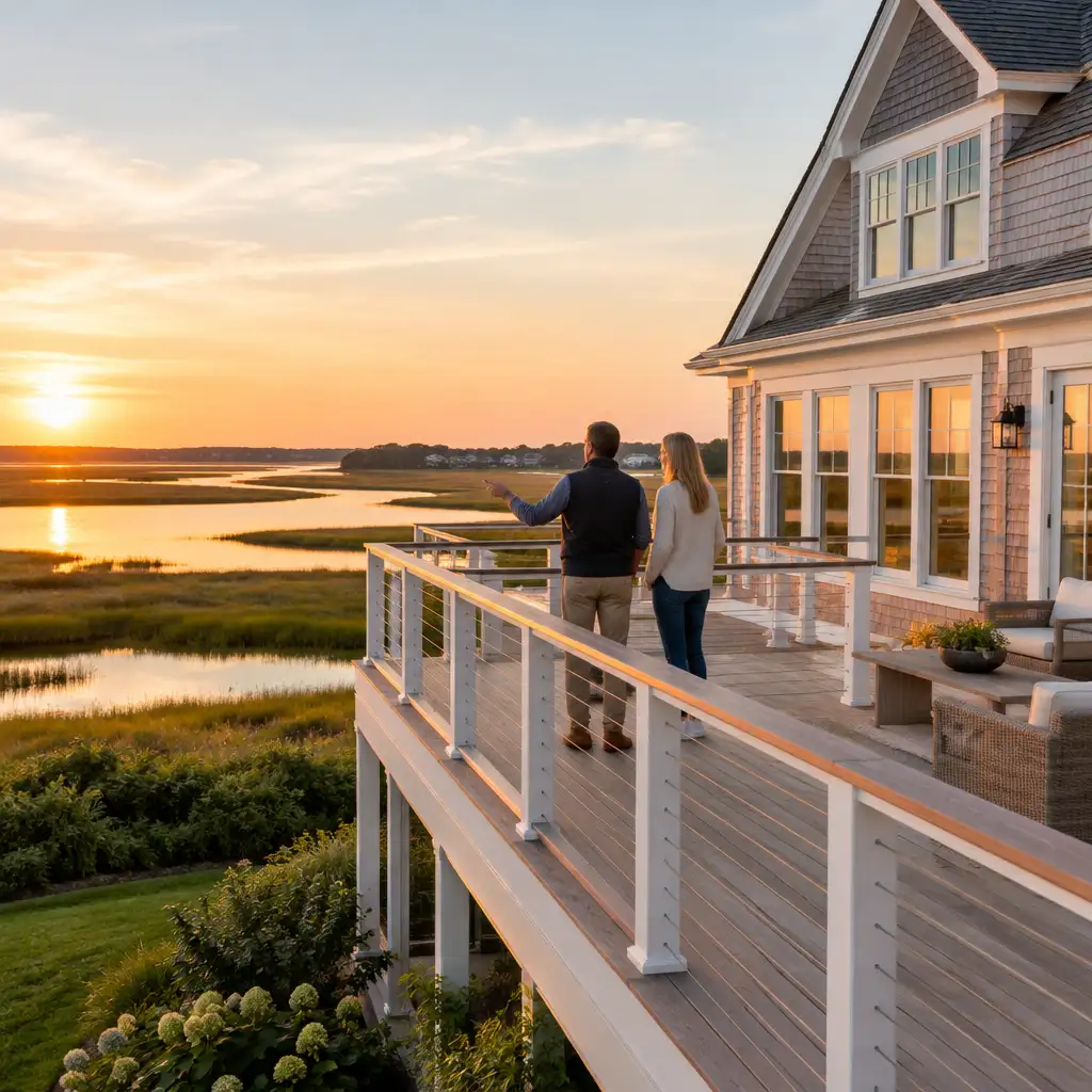 Couple on elevated deck overlooking marsh and sunset