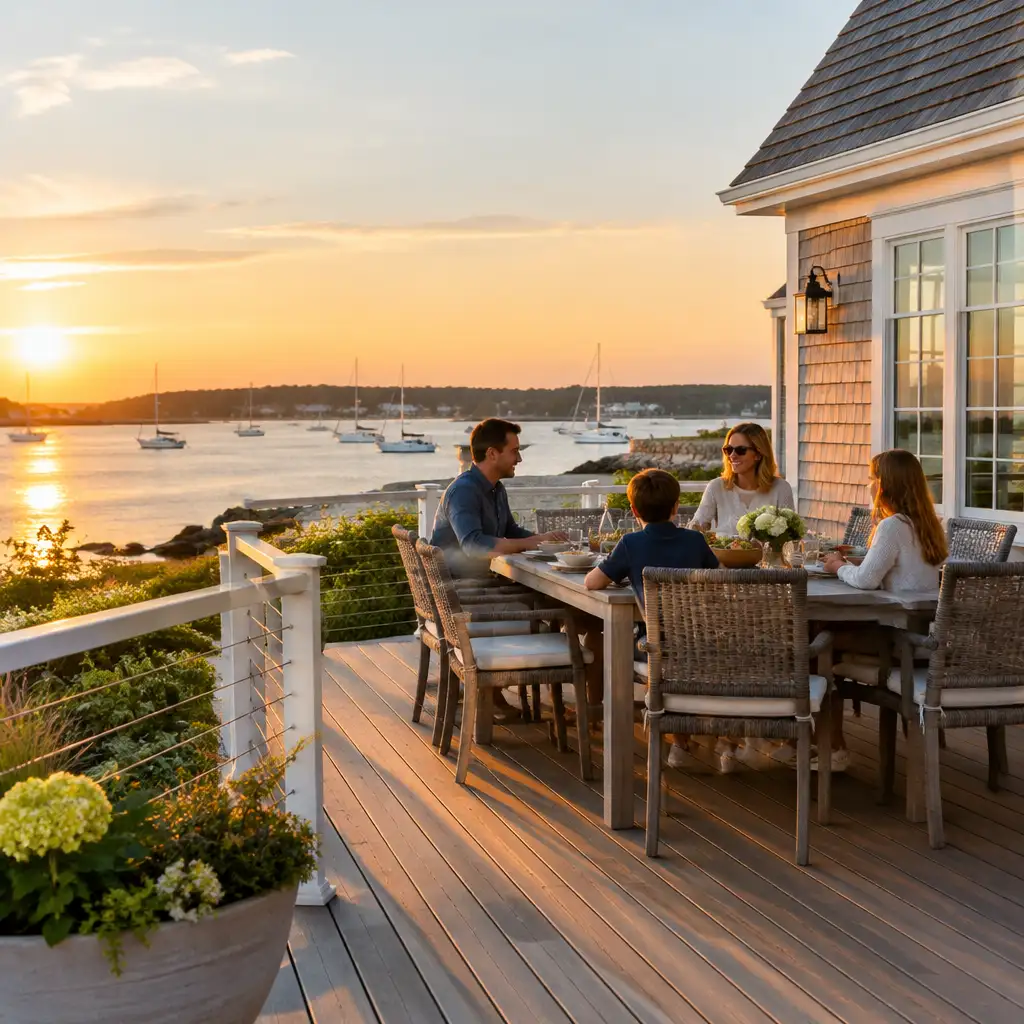 Family dining on waterfront deck with sailboats at sunset