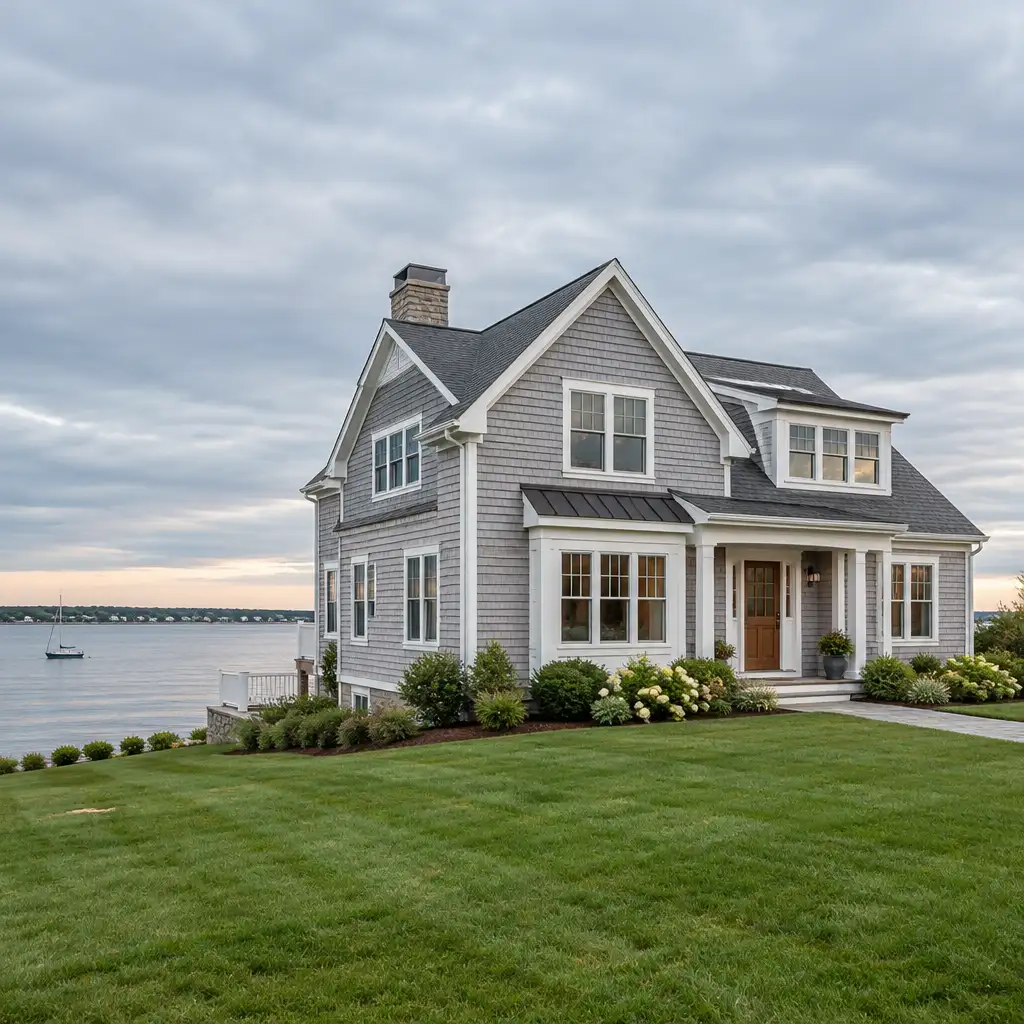 Gray shingle waterfront house with lawn, bay, sailboat, cloudy sky