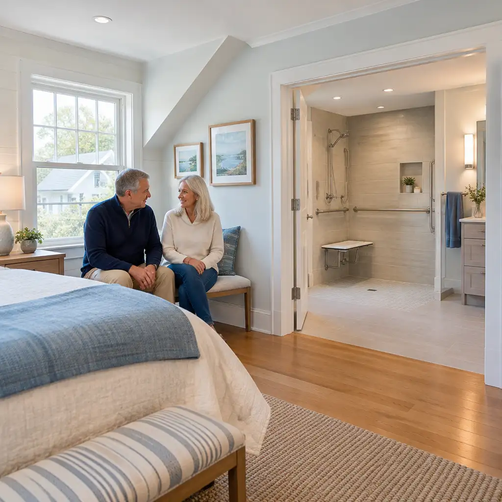 Couple seated on bedroom bench beside bathroom with roll-in shower