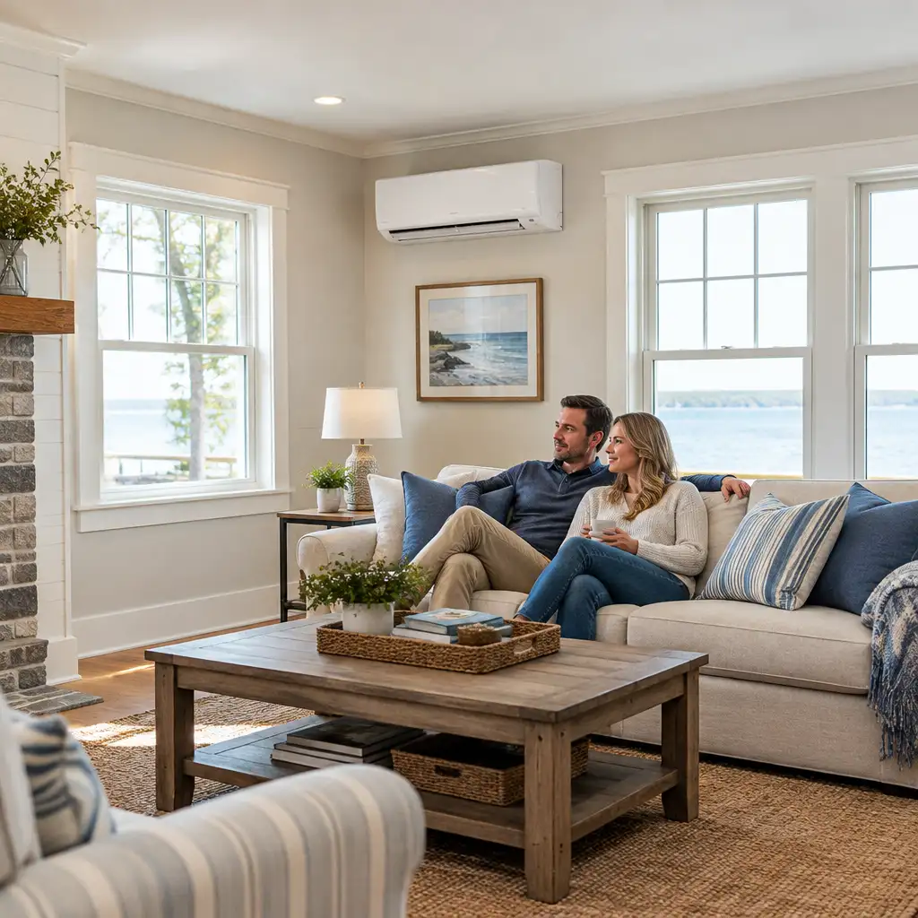 Couple relaxing on sofa in sunlit living room